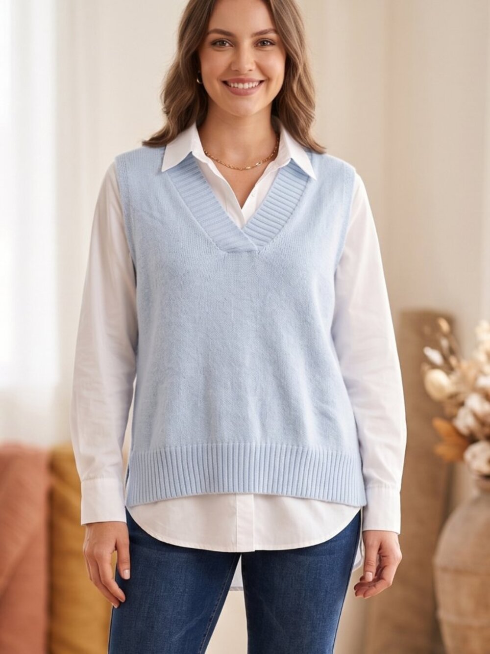 NWOT Baby Blue Oversized V-Neck Ribbed Split Hem Knit Sweater Vest Medium